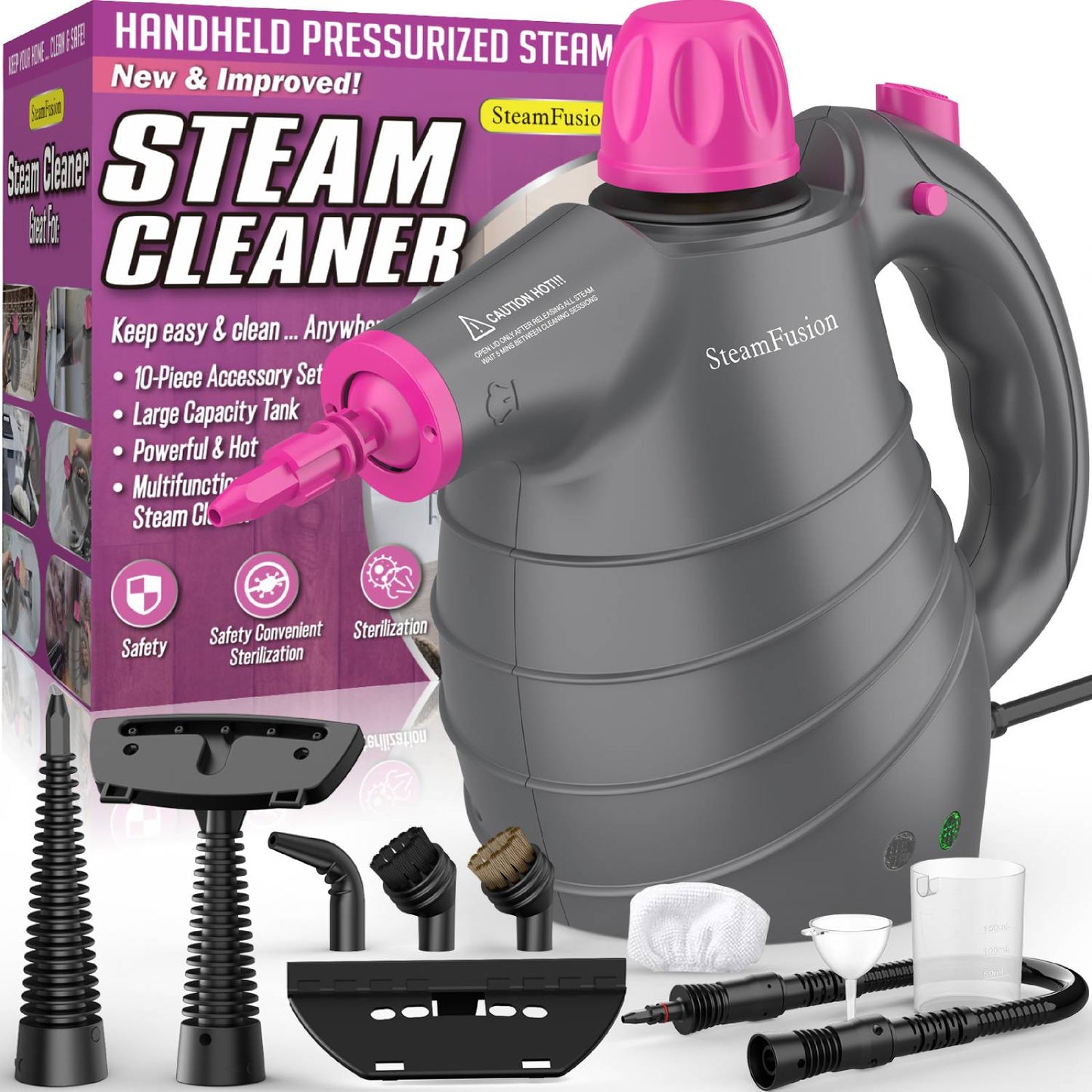 Pressurized Handheld Steam Cleaner with 10pcs Accessories and Safety Lock, Multi-Purpose Natural Steamer for Cleaning