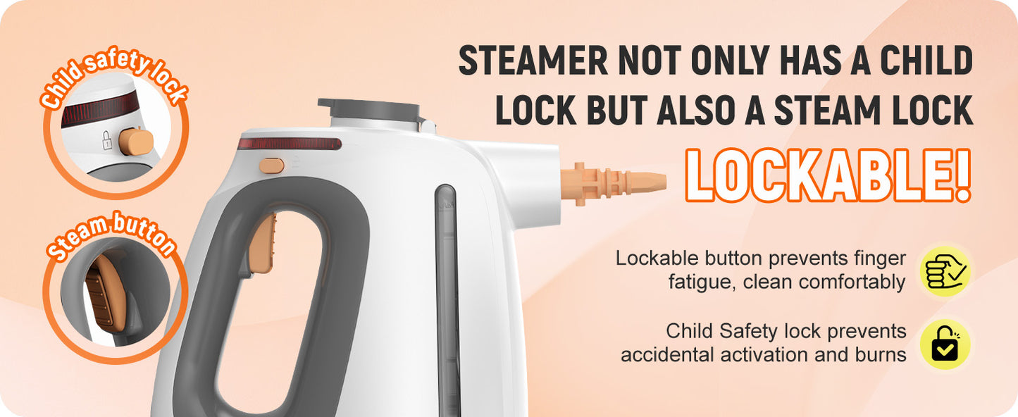 Heavy Duty Handheld Steam Cleaner for Cleaning with Lockable Steam Button&11pcs Accessories, Unlimited Water Addition for Continuous Steaming, Multi-Purpose Steamer for Cleaning Car, Grout (grey)