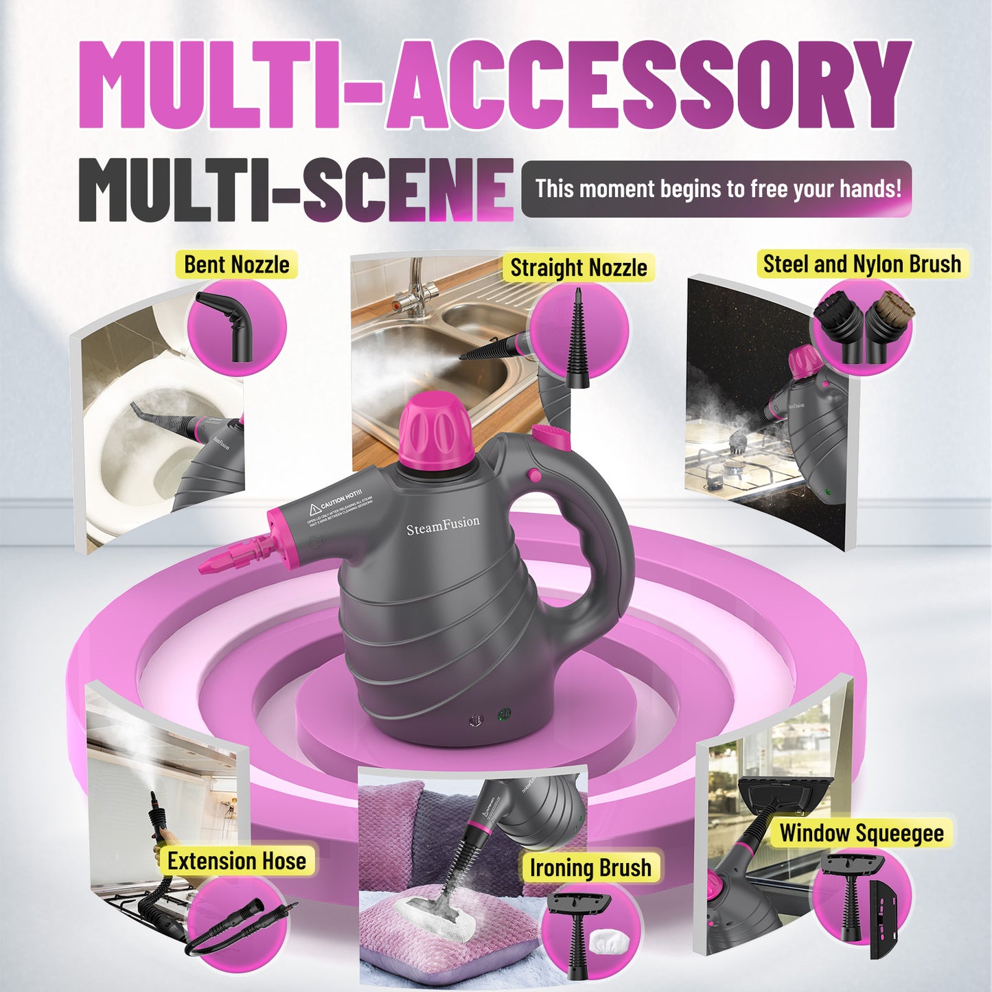 Pressurized Handheld Steam Cleaner with 10pcs Accessories and Safety Lock, Multi-Purpose Natural Steamer for Cleaning
