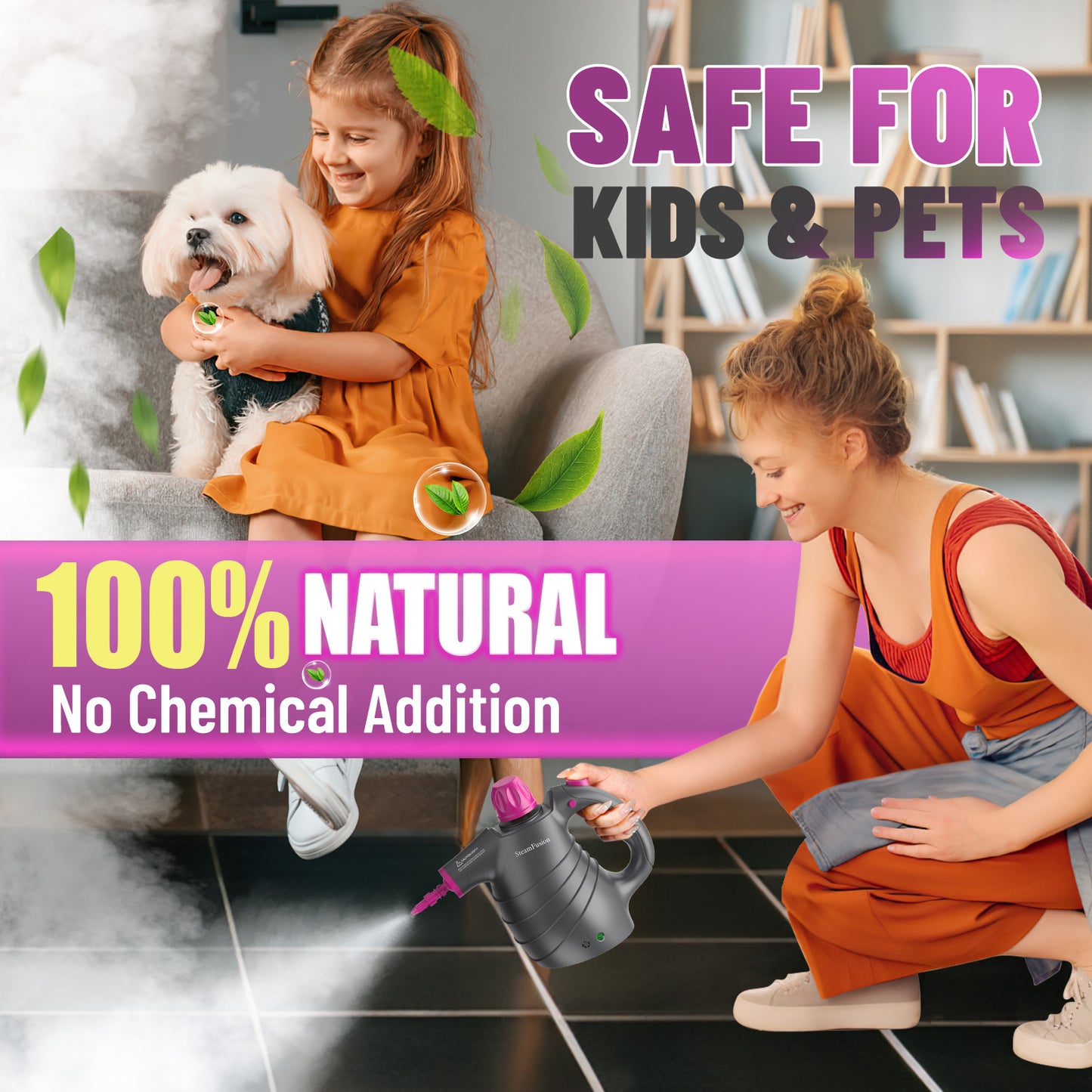 Pressurized Handheld Steam Cleaner with 10pcs Accessories and Safety Lock, Multi-Purpose Natural Steamer for Cleaning