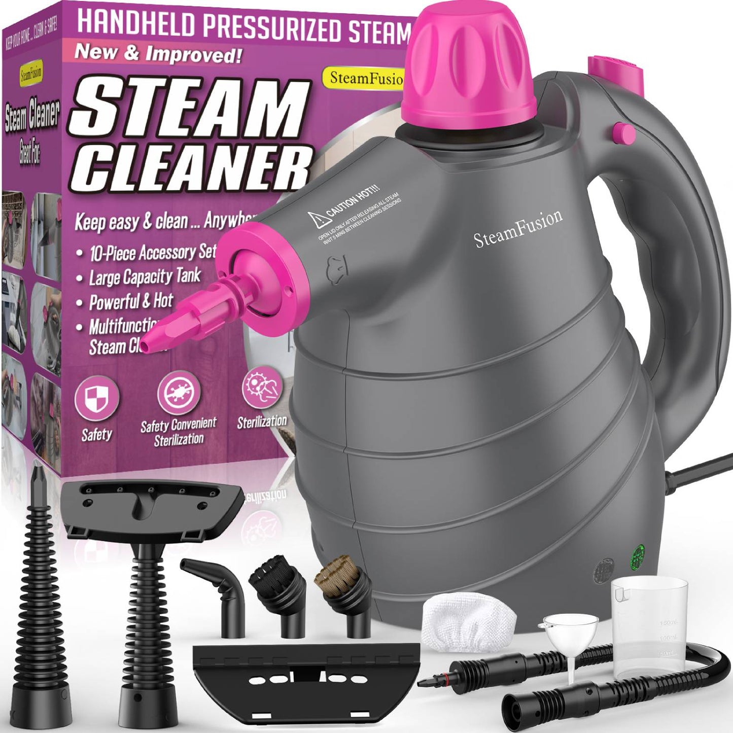 Pressurized Handheld Steam Cleaner with 10pcs Accessories and Safety Lock, Multi-Purpose Natural Steamer for Cleaning