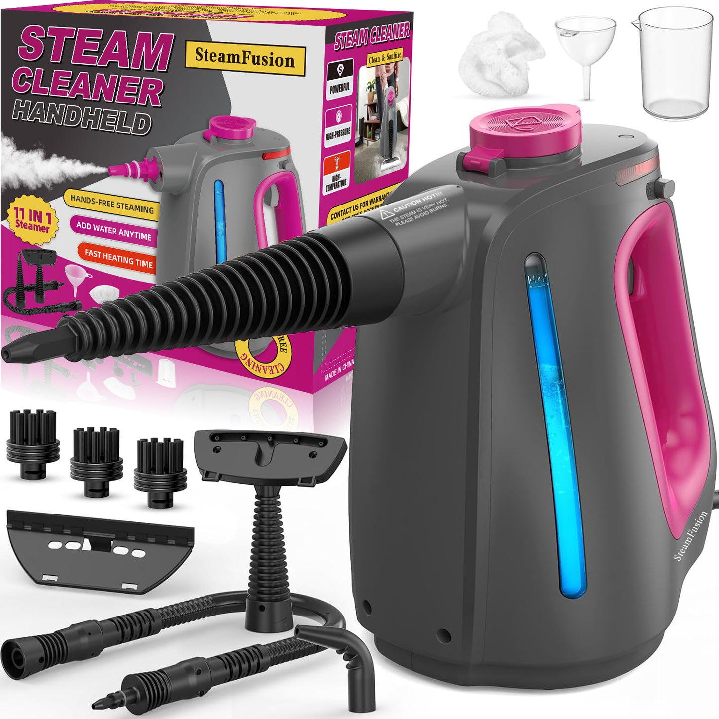 Heavy Duty Handheld Steam Cleaner for Cleaning with Lockable Steam Button&11pcs Accessories, Unlimited Water Addition for Continuous Steaming, Multi-Purpose Steamer for Cleaning Car, Grout and Grime