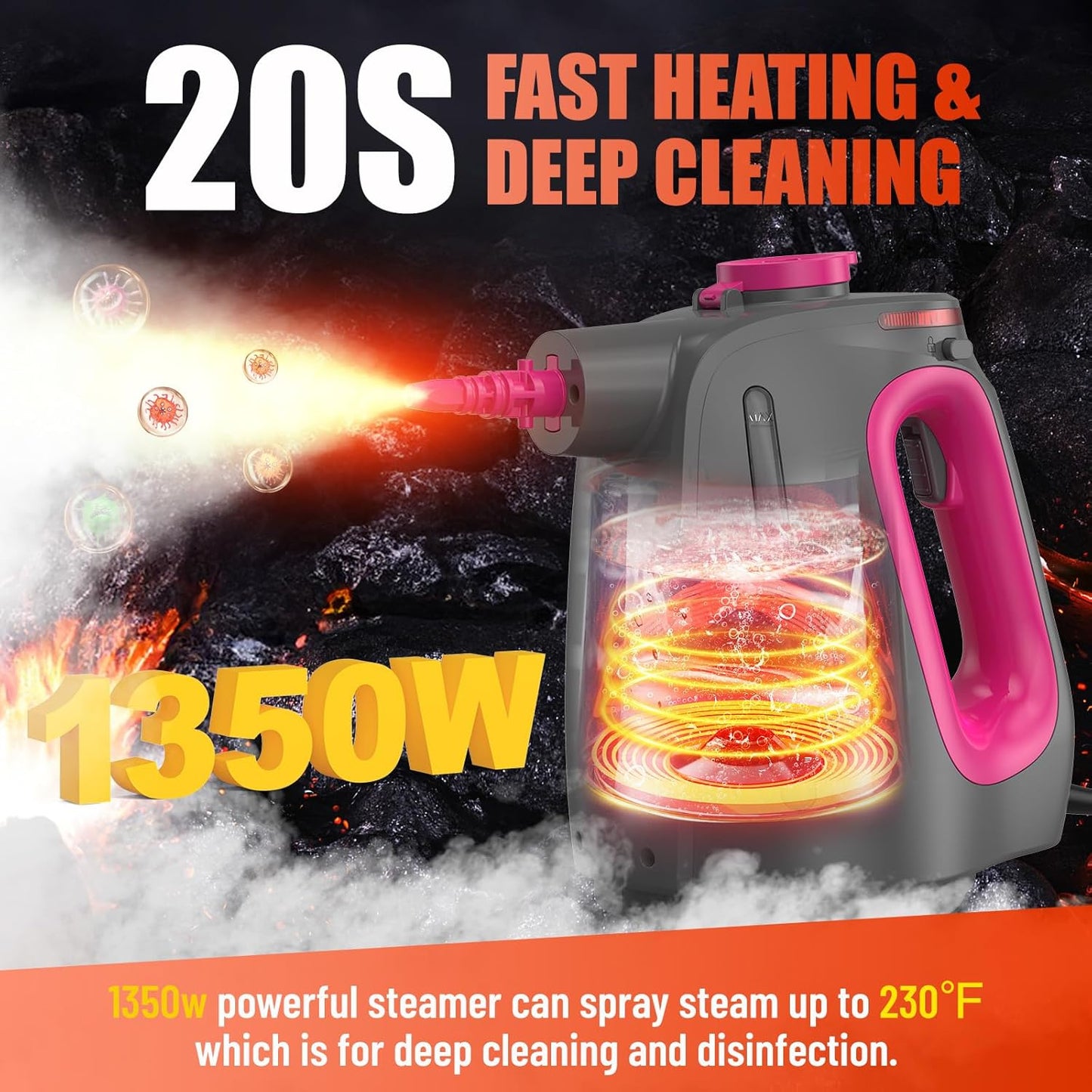 Heavy Duty Handheld Steam Cleaner for Cleaning with Lockable Steam Button&11pcs Accessories, Unlimited Water Addition for Continuous Steaming, Multi-Purpose Steamer for Cleaning Car, Grout and Grime