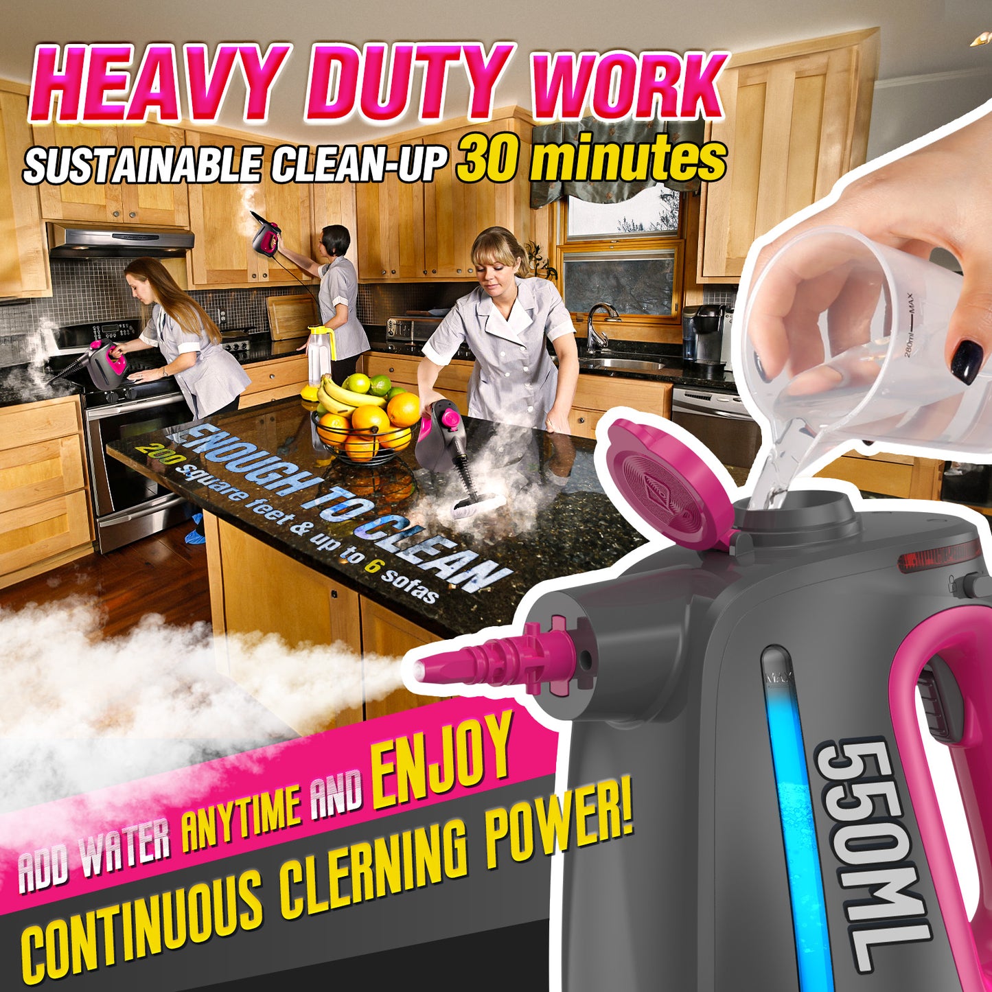 Heavy Duty Handheld Steam Cleaner for Cleaning with Lockable Steam Button&11pcs Accessories, Unlimited Water Addition for Continuous Steaming, Multi-Purpose Steamer for Cleaning Car, Grout and Grime