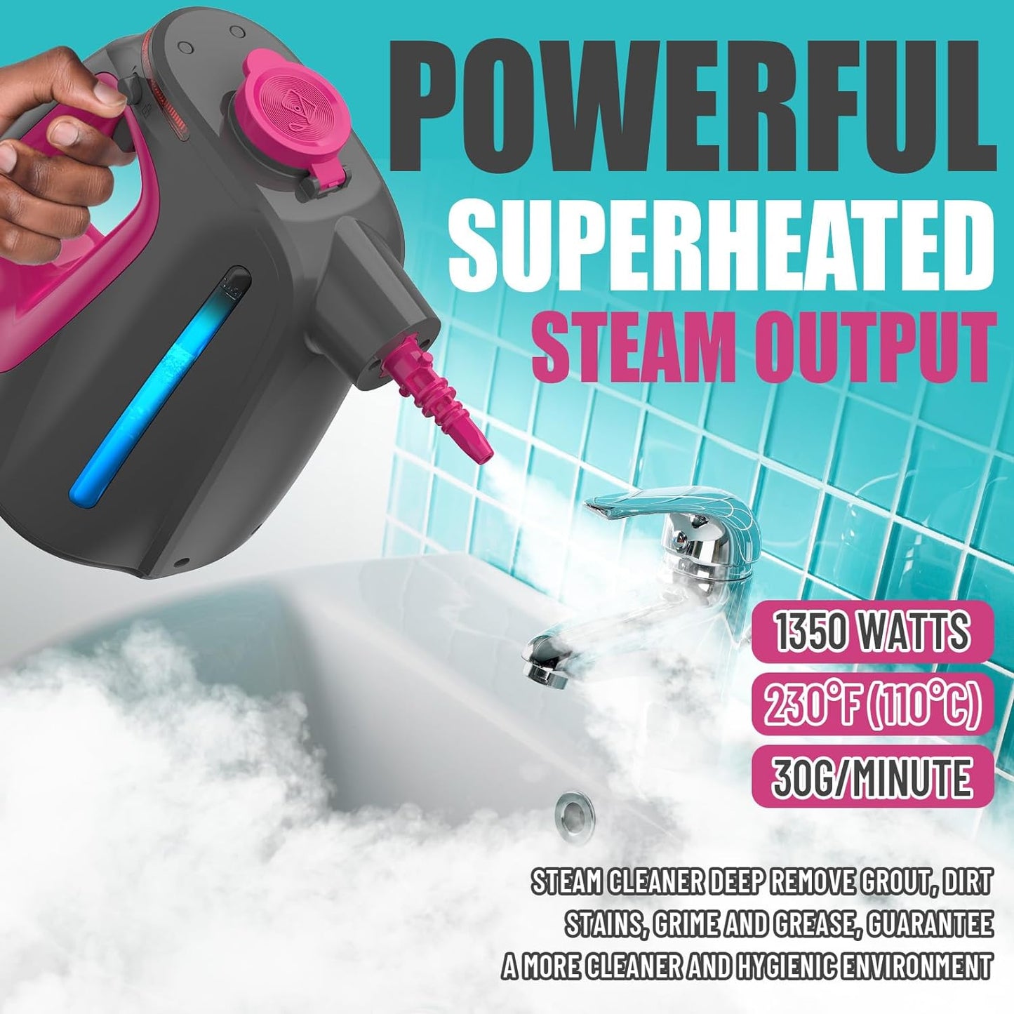 Heavy Duty Handheld Steam Cleaner for Cleaning with Lockable Steam Button&11pcs Accessories, Unlimited Water Addition for Continuous Steaming, Multi-Purpose Steamer for Cleaning Car, Grout and Grime